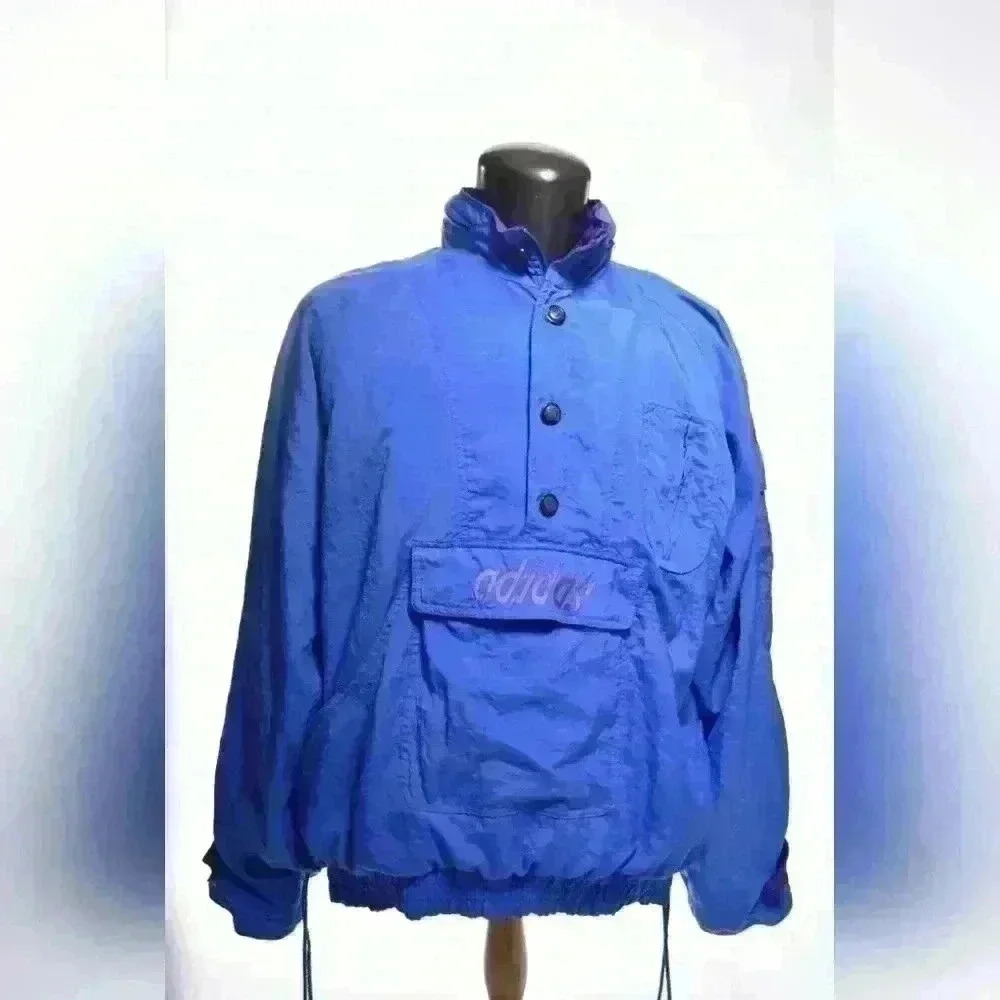 90s ADIDAS Neon Blue Purple Nylon Anorak Windbreaker Track Jacket Hoodie L XL - Picture 1 of 9